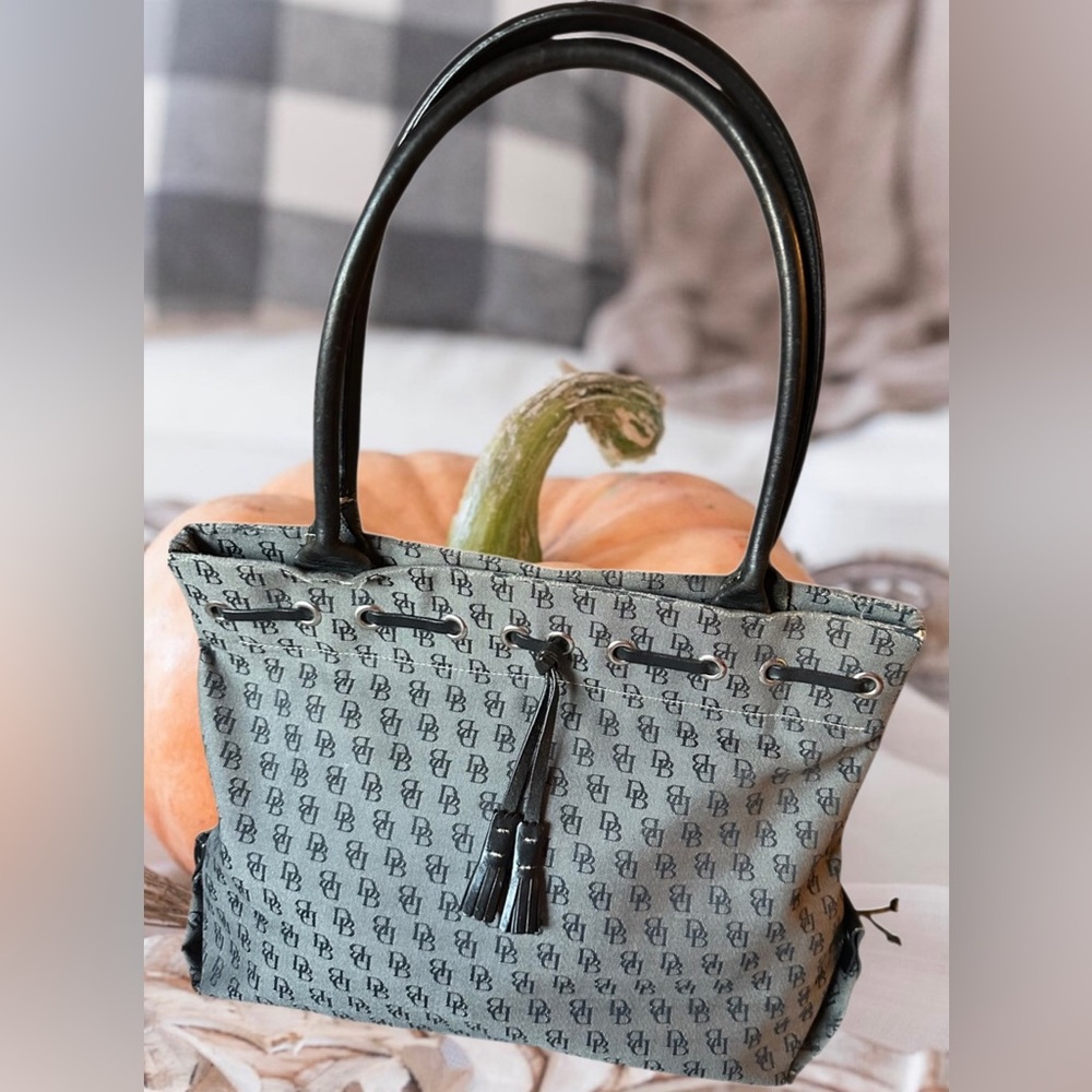 Dooney & Bourke Vintage Monogram Tote- Grey Canvas/Wool & Black Leather Trim